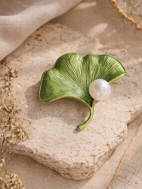Elegant Ginkgo Leaf Pearl Brooch Pin Enameled New in Box